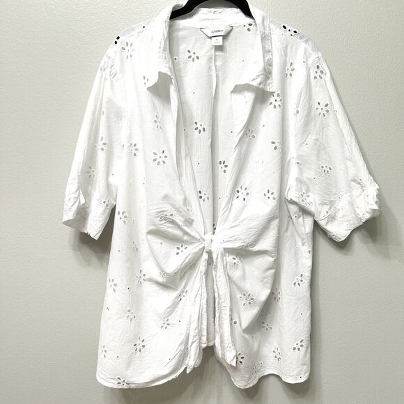 CJ Banks Top Women's 2X White Floral Hearts Tie Front Short Sleeve Shirt Blouse - Picture 1 of 12